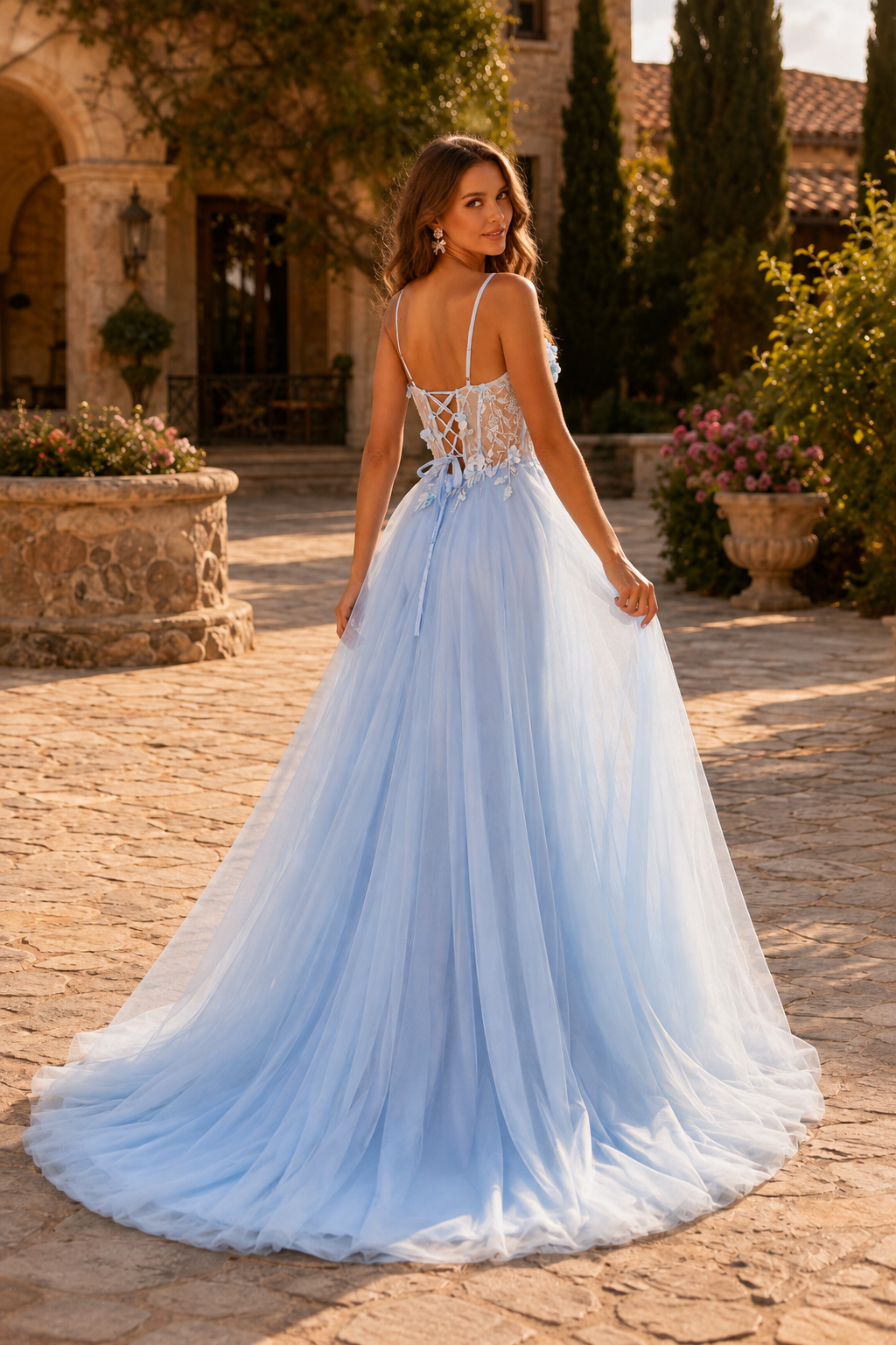 Xelora Floral Applique Tulle A-Line Prom Dress with Slit in Light Blue - back view