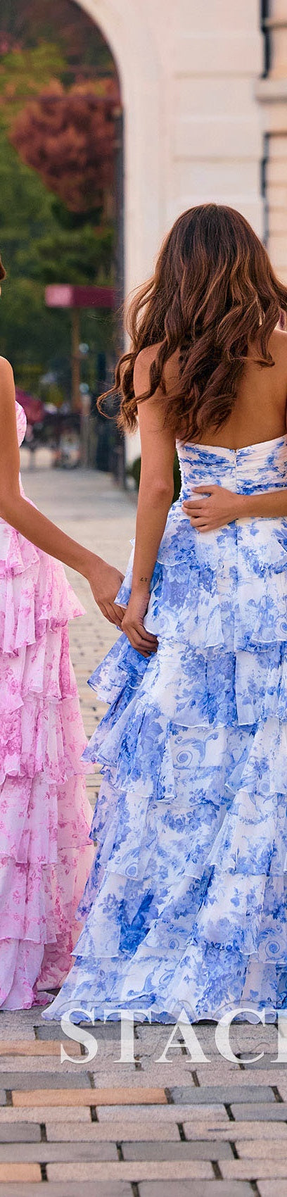 Doravine Strapless Tiered Ball Gown Prom Dress in Blue and White Floral - back view