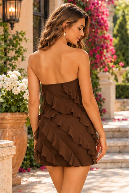 PSH110 strapless homecoming mini dress with diagonal ruffle layers across the back in Chocolate Brown - back view