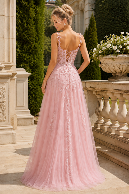 Estnette A Line V Neck Sleeveless Sweep Train Tulle Prom Dress in Blush Pink - back view