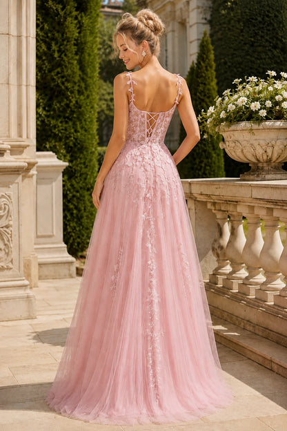 Estnette A Line V Neck Sleeveless Sweep Train Tulle Prom Dress in Blush Pink prom gown, back view