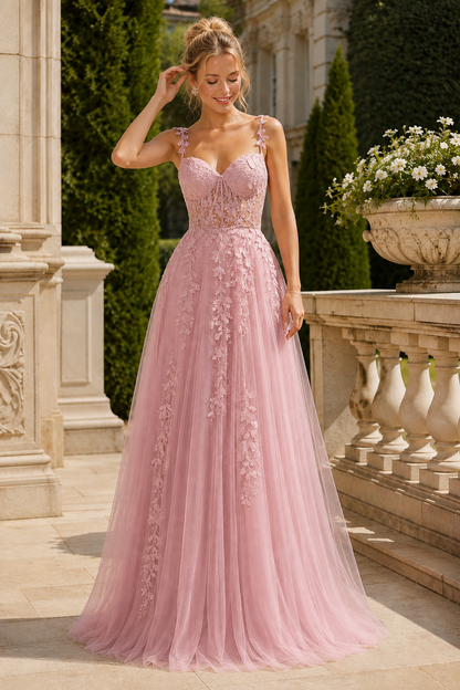 Estnette A Line V Neck Sleeveless Sweep Train Tulle Prom Dress in Blush Pink - front view