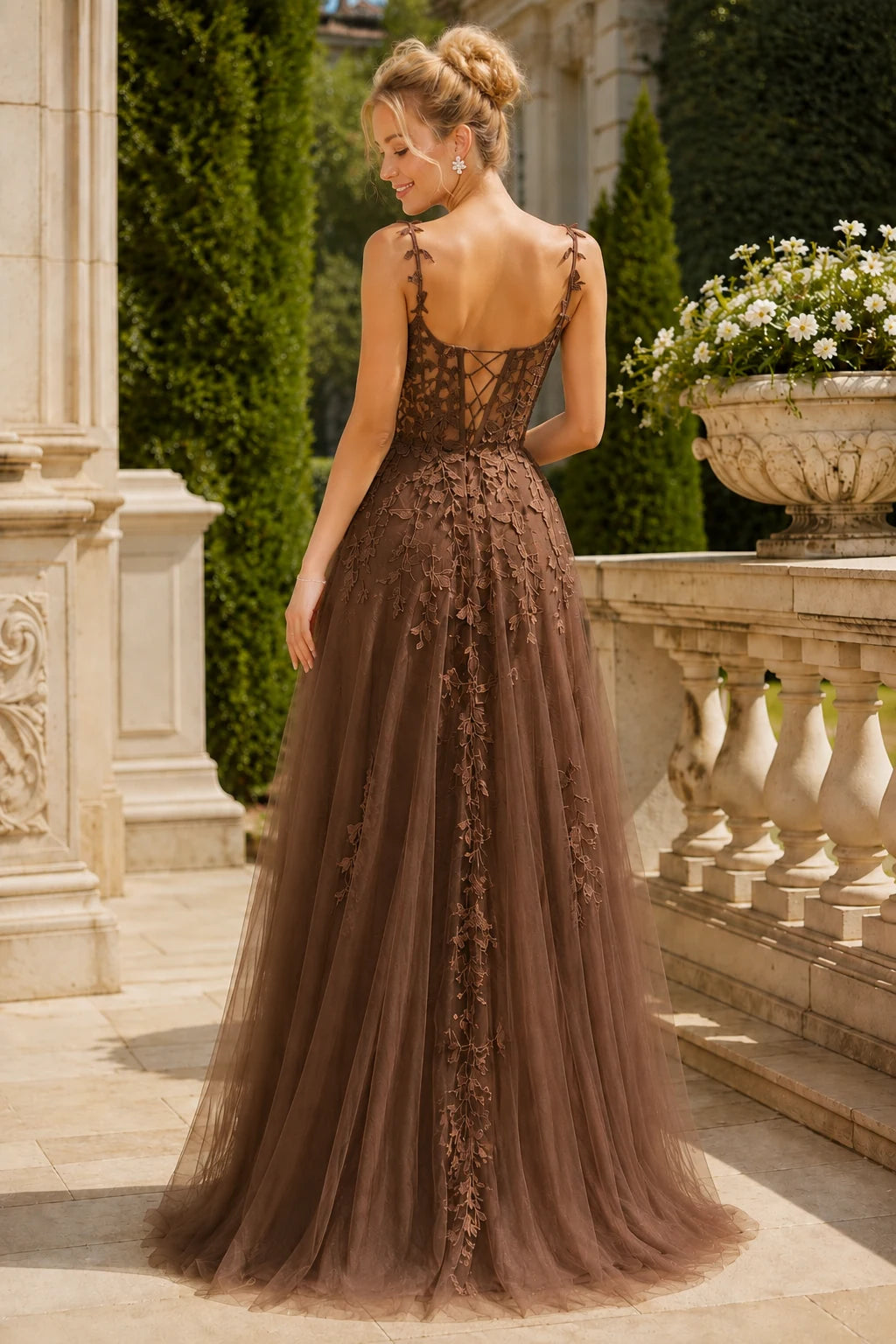 Estnette A Line V Neck Sleeveless Sweep Train Tulle Prom Dress in Brown prom gown, back view