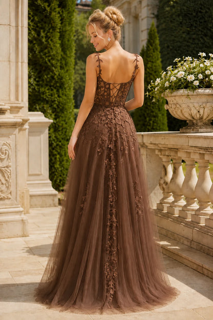Estnette A Line V Neck Sleeveless Sweep Train Tulle Prom Dress in Brown prom gown, back view