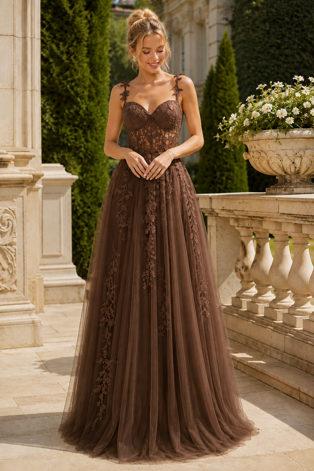 Estnette A Line V Neck Sleeveless Sweep Train Tulle Prom Dress in Brown - front view