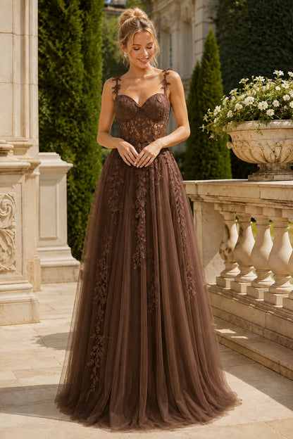 Estnette A Line V Neck Sleeveless Sweep Train Tulle Prom Dress in Brown prom gown, front view