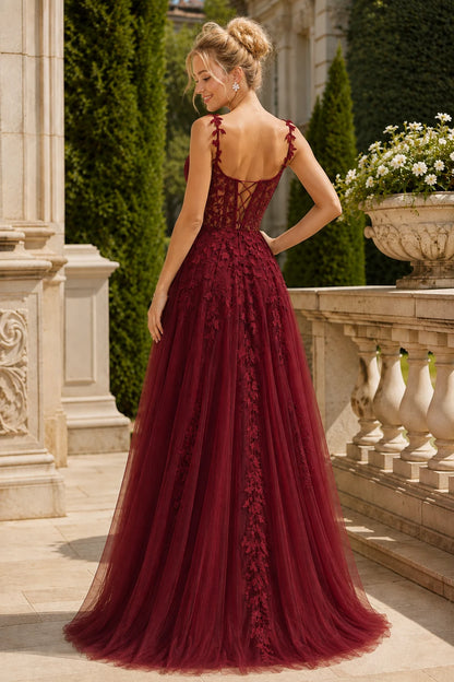 Estnette A Line V Neck Sleeveless Sweep Train Tulle Prom Dress in Burgundy prom gown, back view