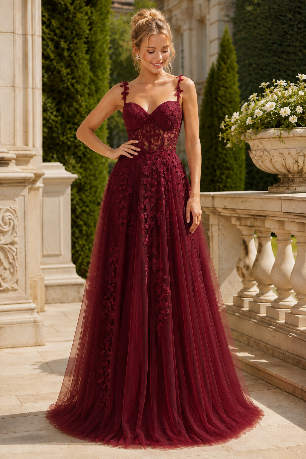 Estnette A Line V Neck Sleeveless Sweep Train Tulle Prom Dress in Burgundy - front view