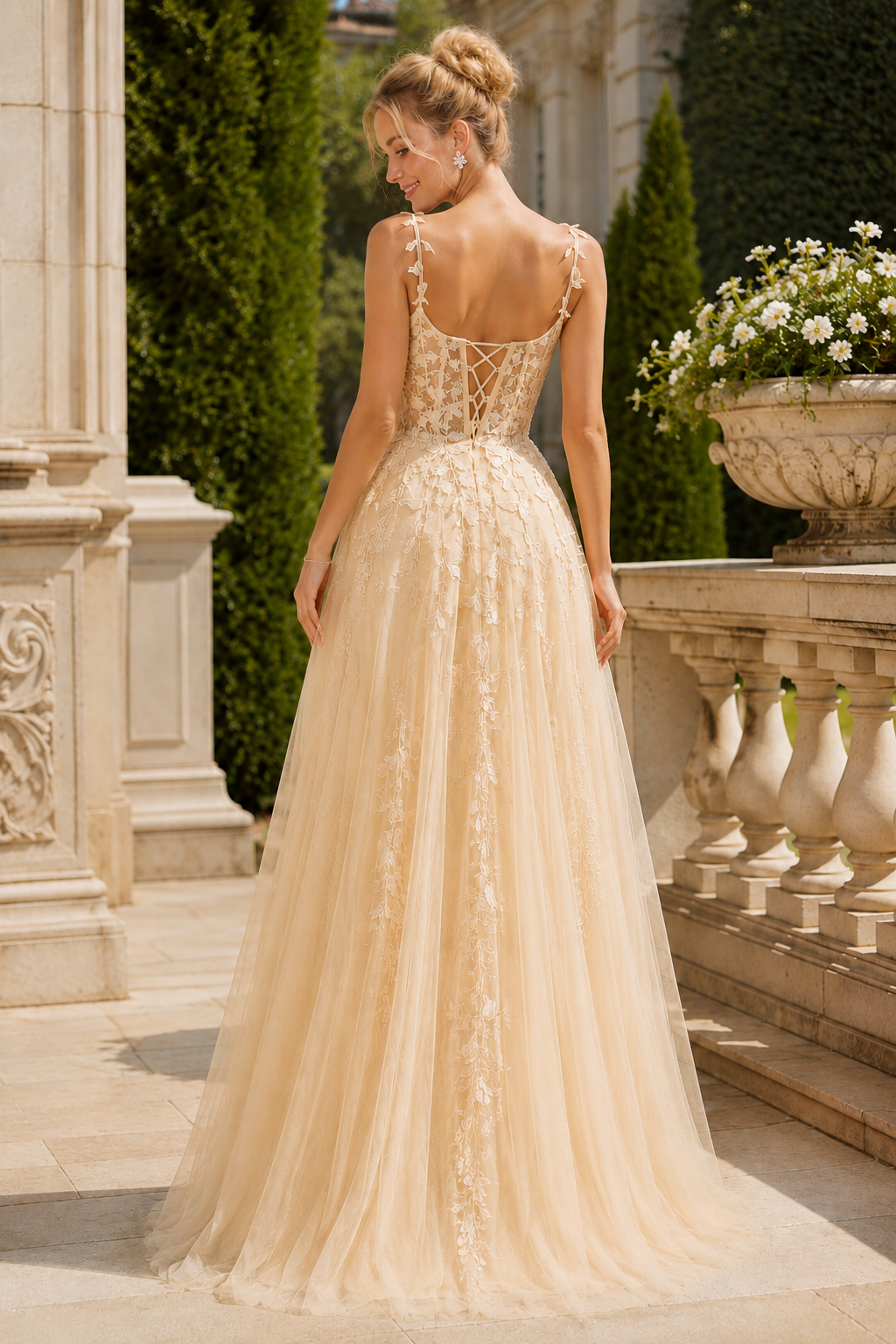 Estnette A Line V Neck Sleeveless Sweep Train Tulle Prom Dress in Champagne - back view