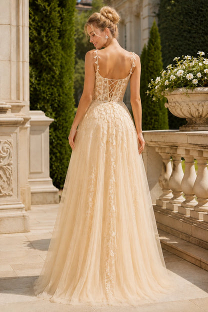 Estnette A Line V Neck Sleeveless Sweep Train Tulle Prom Dress in Champagne prom gown, back view
