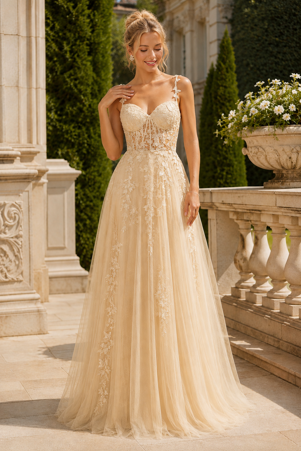 Estnette A Line V Neck Sleeveless Sweep Train Tulle Prom Dress in Champagne - front view