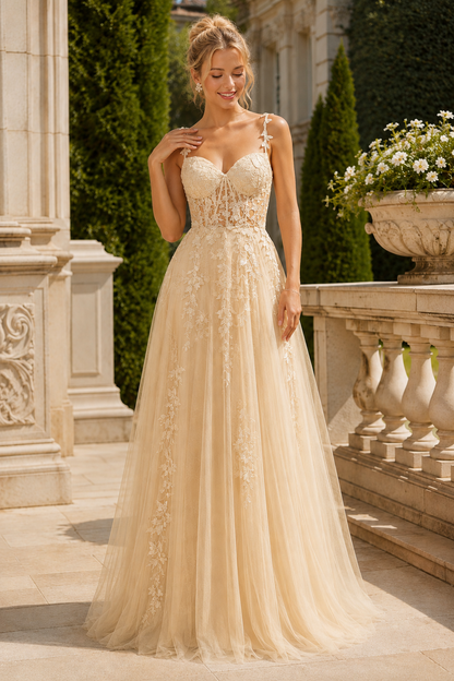 Estnette A Line V Neck Sleeveless Sweep Train Tulle Prom Dress in Champagne - front view