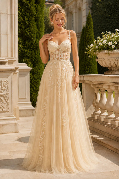 Estnette A Line V Neck Sleeveless Sweep Train Tulle Prom Dress in Champagne prom gown, front view