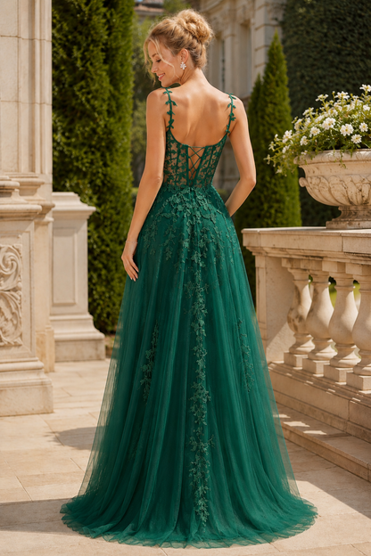 Estnette A Line V Neck Sleeveless Sweep Train Tulle Prom Dress in Emerald Green - back view