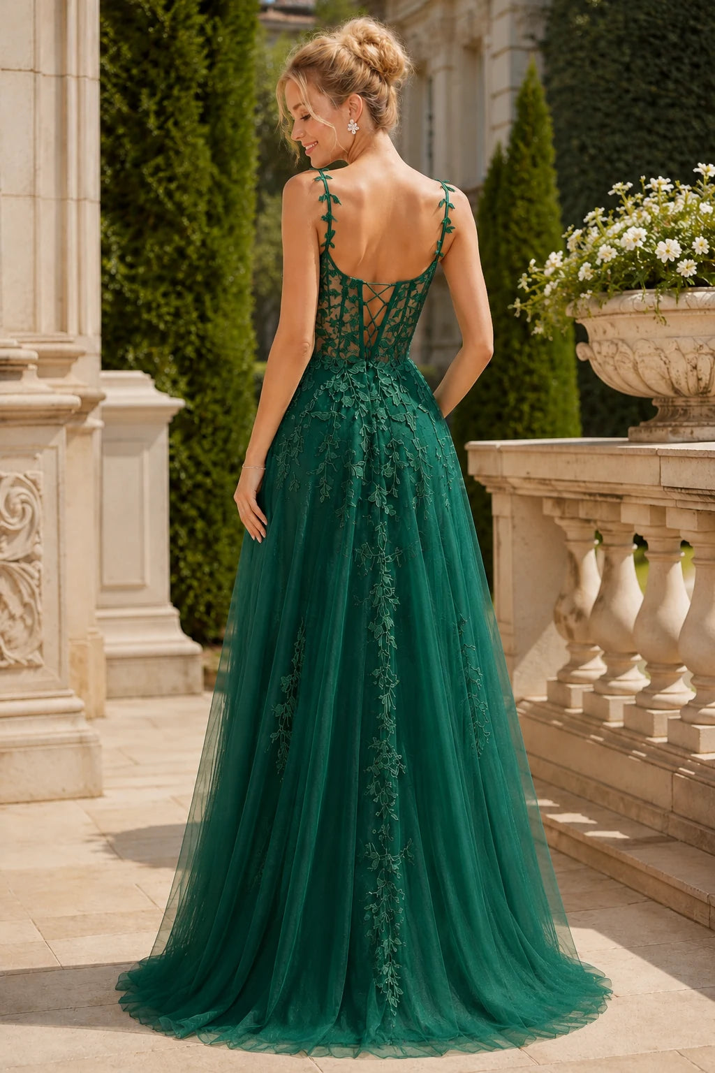 Estnette A Line V Neck Sleeveless Sweep Train Tulle Prom Dress in Emerald Green prom gown, back view