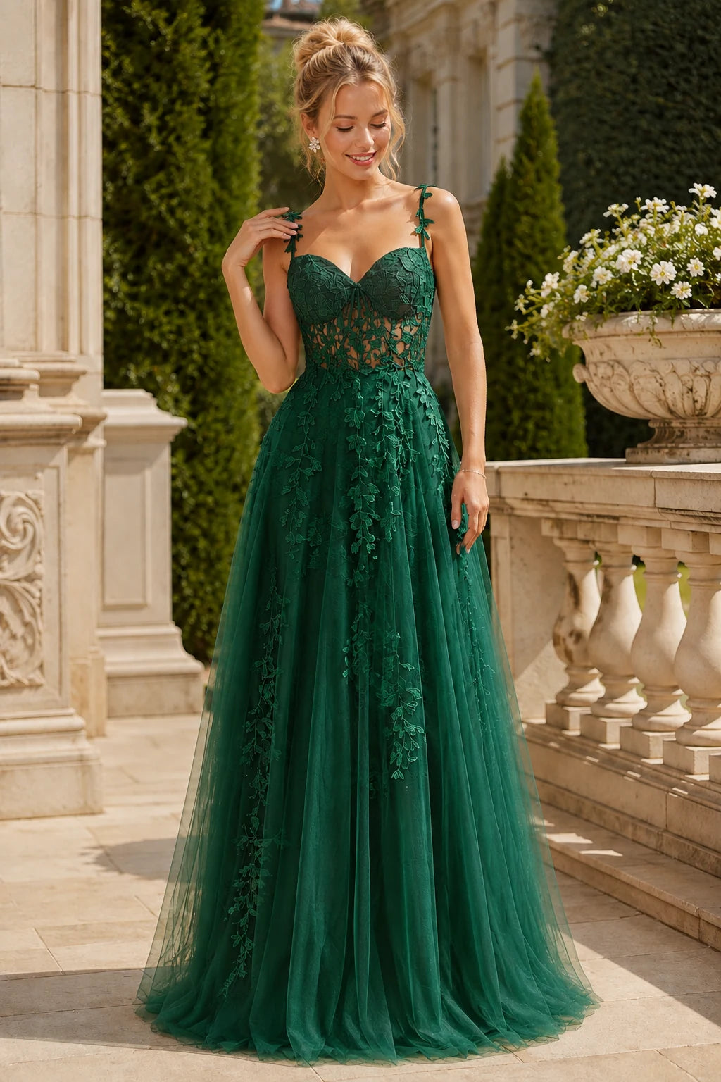 Estnette A Line V Neck Sleeveless Sweep Train Tulle Prom Dress in Emerald Green prom gown, front view
