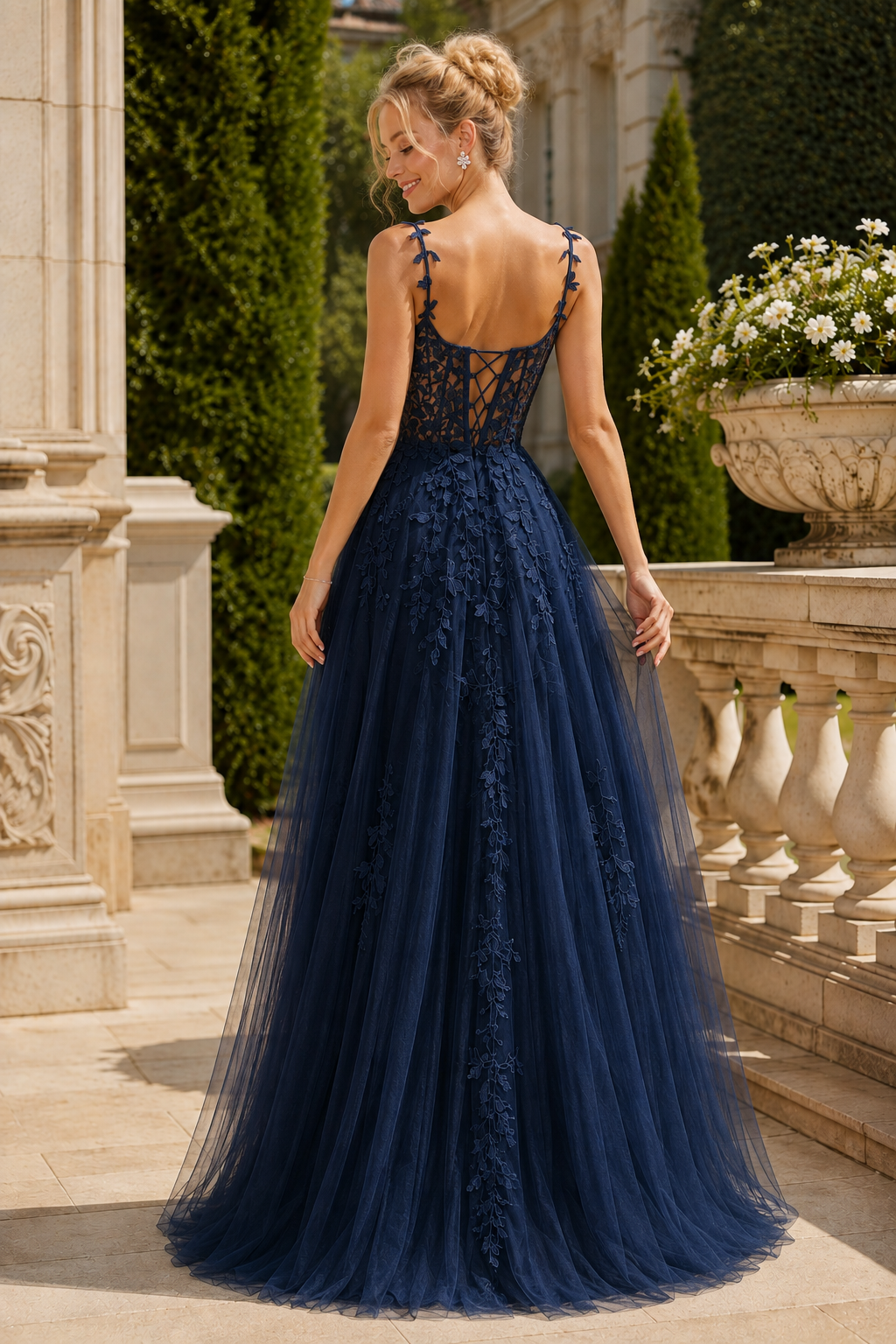 Estnette A Line V Neck Sleeveless Sweep Train Tulle Prom Dress in Navy Blue - back view