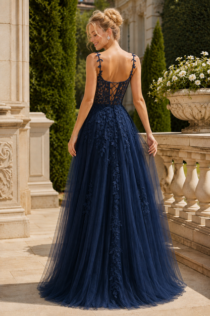 Estnette A Line V Neck Sleeveless Sweep Train Tulle Prom Dress in Navy Blue - back view