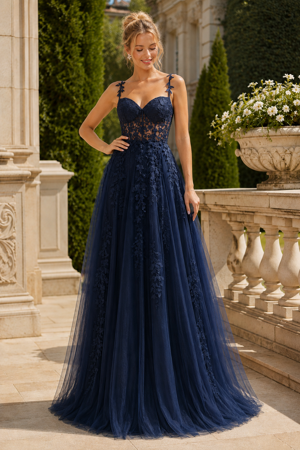 Estnette A Line V Neck Sleeveless Sweep Train Tulle Prom Dress in Navy Blue - front view