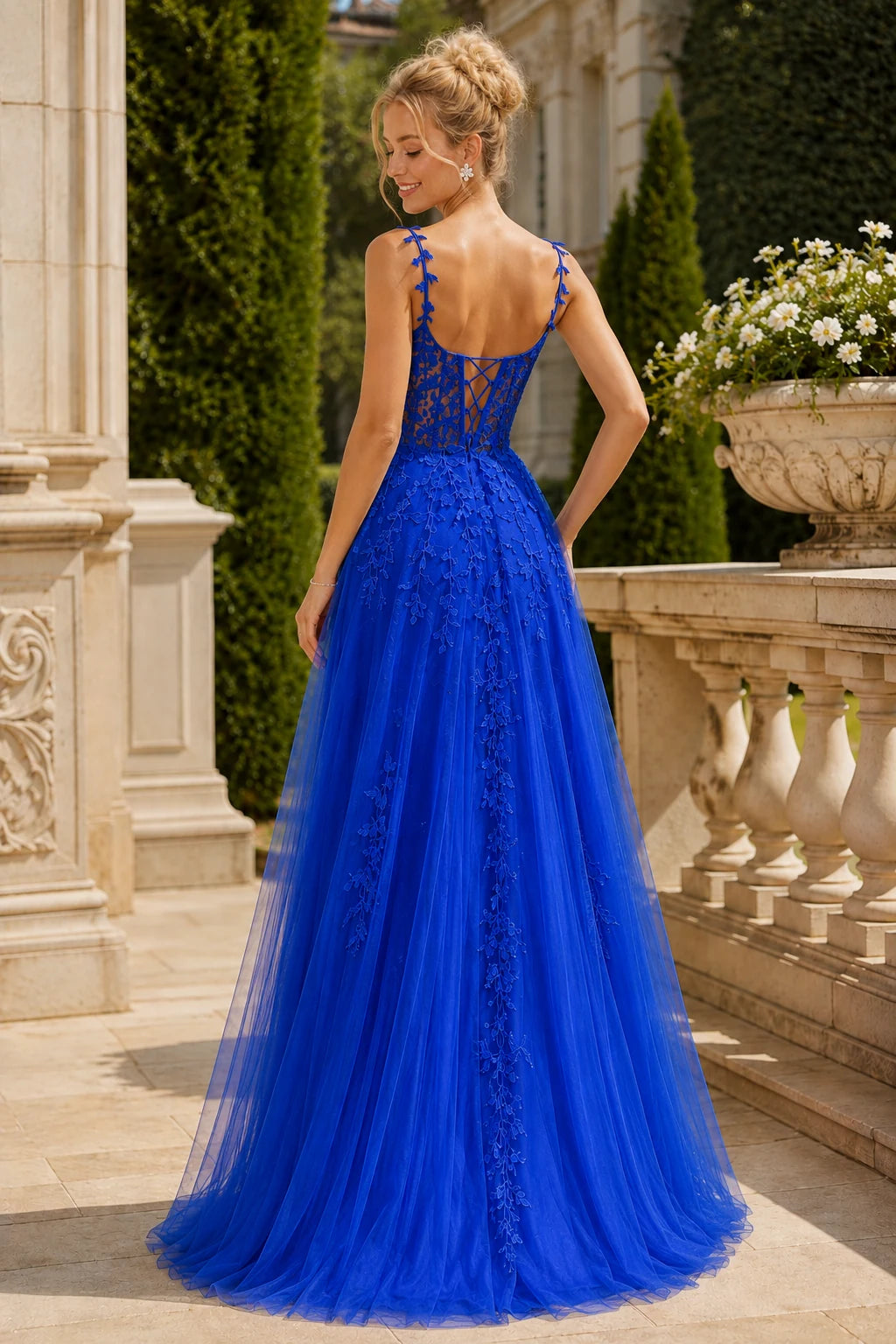Estnette A Line V Neck Sleeveless Sweep Train Tulle Prom Dress in Royal Blue prom gown, back view
