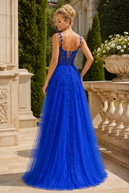 Estnette A Line V Neck Sleeveless Sweep Train Tulle Prom Dress in Royal Blue prom gown, back view
