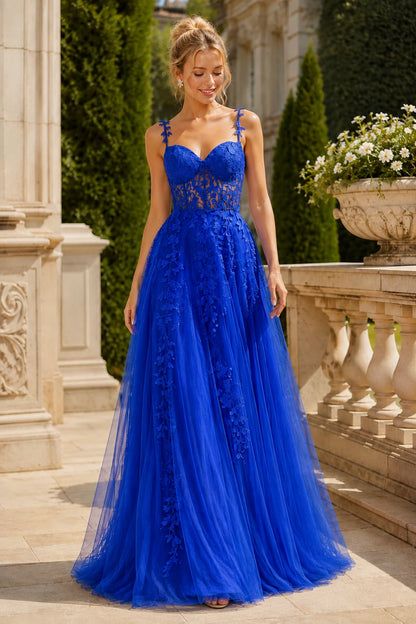 Estnette A Line V Neck Sleeveless Sweep Train Tulle Prom Dress in Royal Blue prom gown, front view