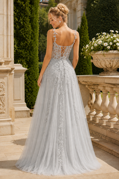 Estnette A Line V Neck Sleeveless Sweep Train Tulle Prom Dress in Silver - back view