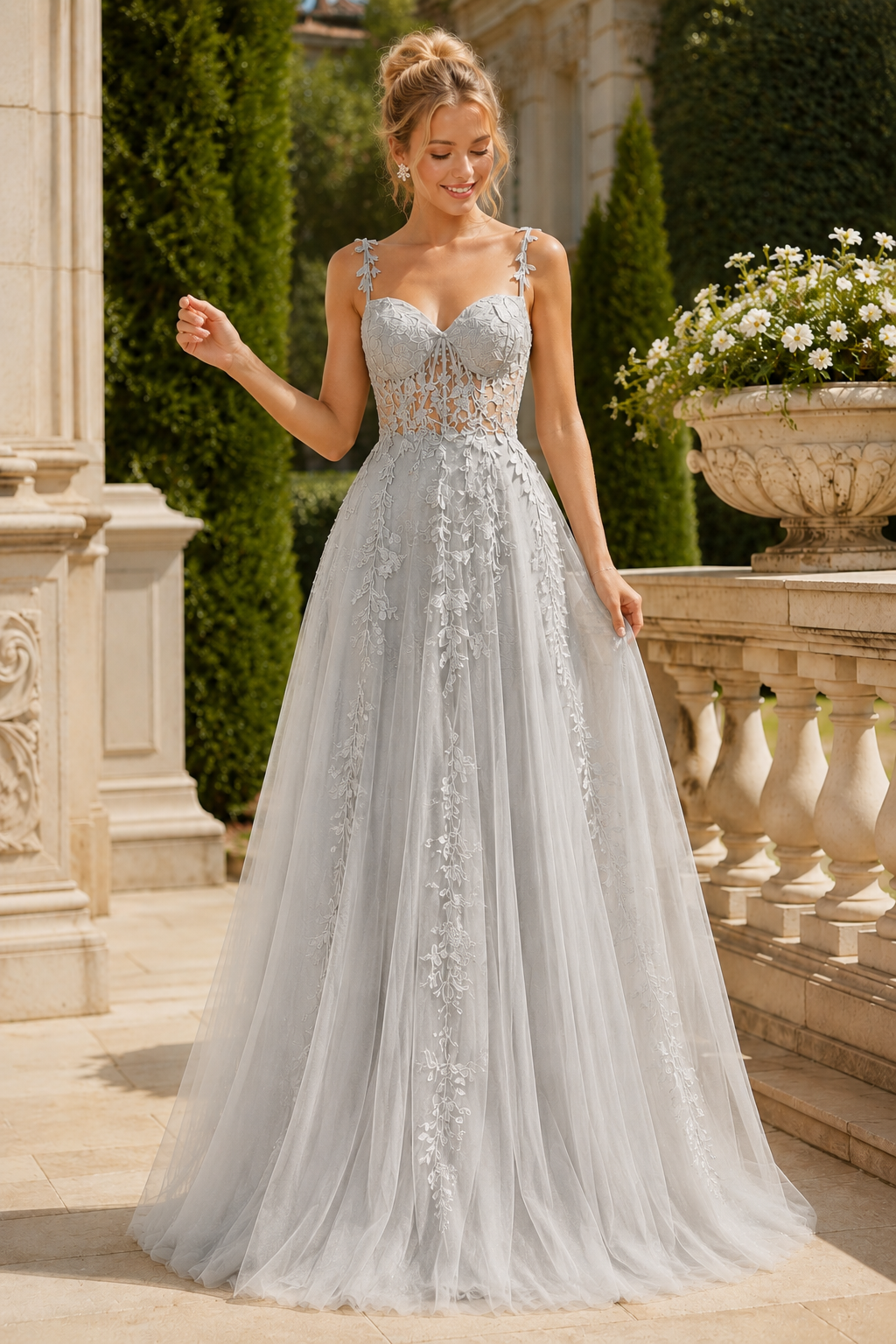Estnette A Line V Neck Sleeveless Sweep Train Tulle Prom Dress in Silver - front view
