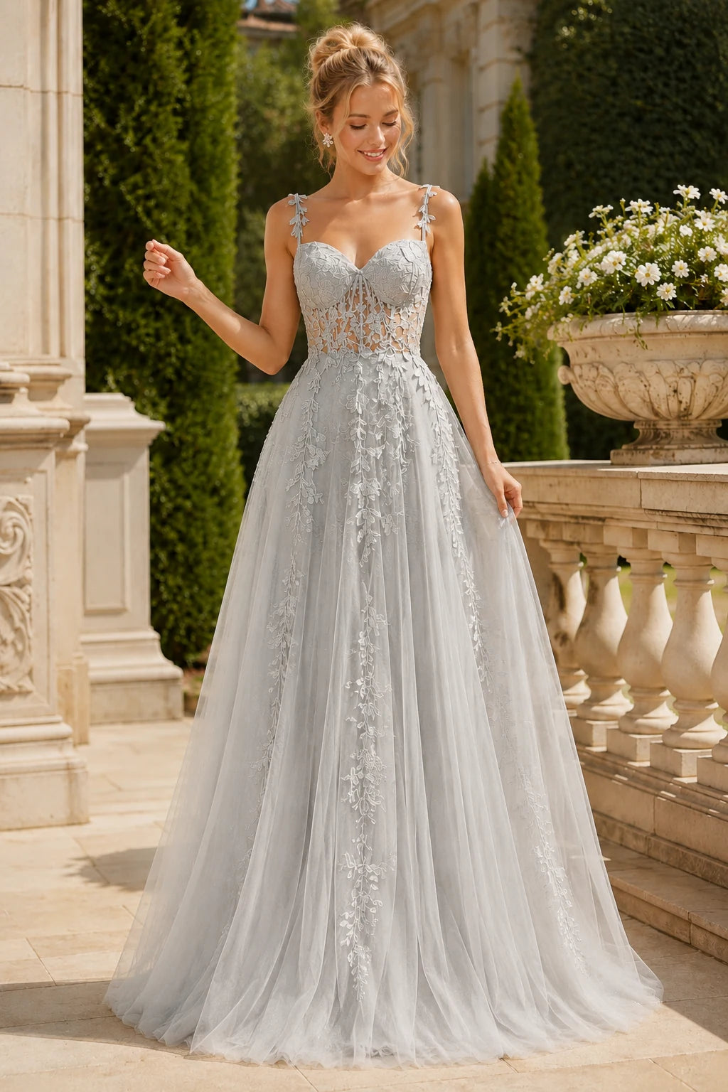 Estnette A Line V Neck Sleeveless Sweep Train Tulle Prom Dress in Silver prom gown, front view