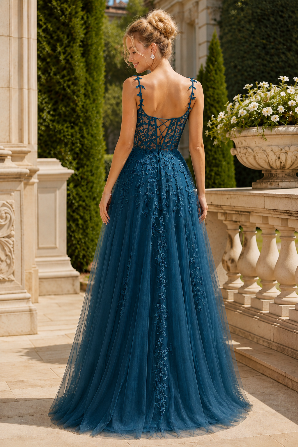 Estnette A Line V Neck Sleeveless Sweep Train Tulle Prom Dress in Teal - back view