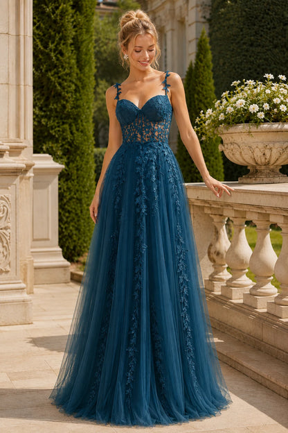 Estnette A Line V Neck Sleeveless Sweep Train Tulle Prom Dress in Teal prom gown, front view