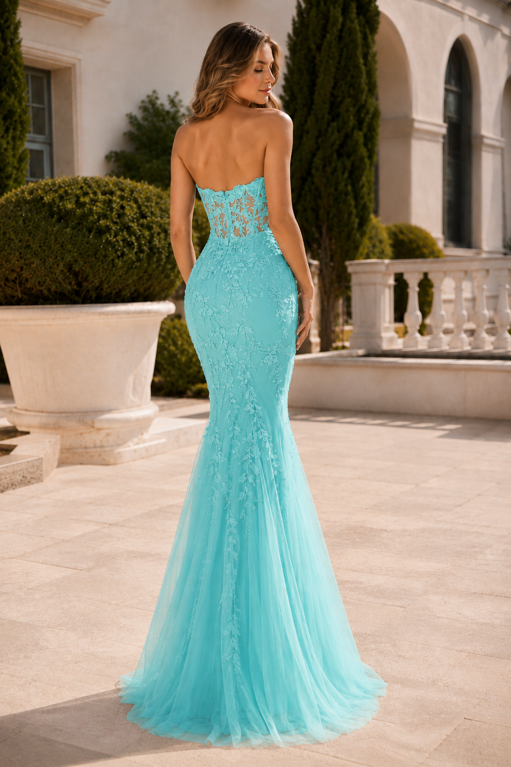 Estmira Mermaid Sweetheart Sweep Train Tulle Prom Dress in Aqua - back view