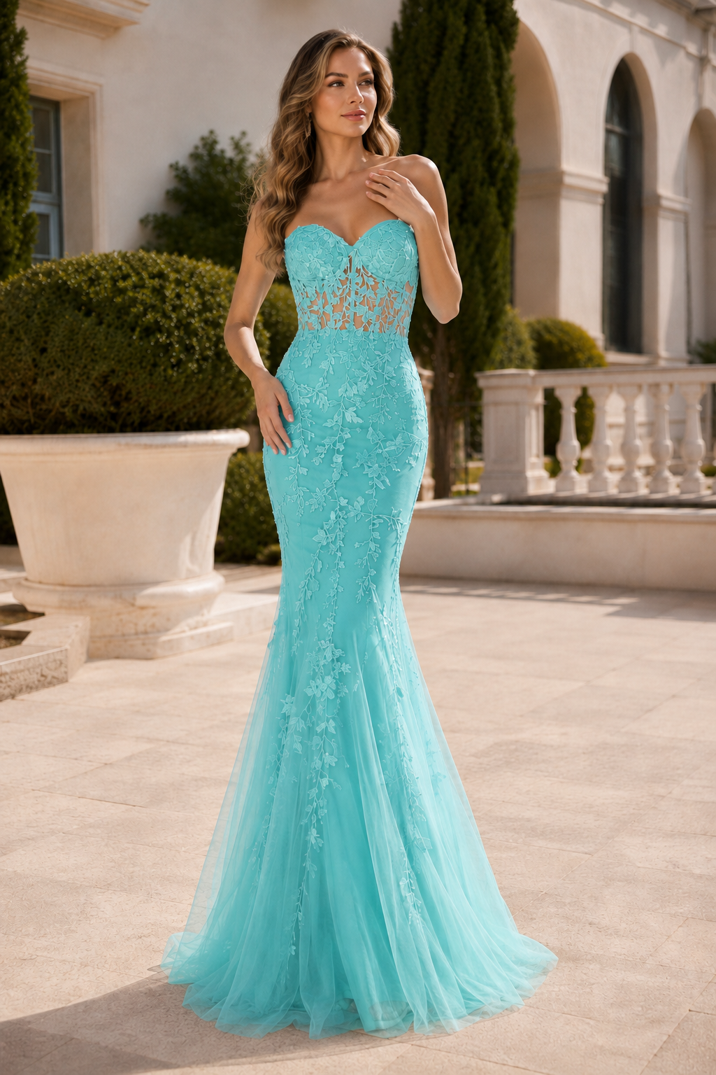 Estmira Mermaid Sweetheart Sweep Train Tulle Prom Dress in Aqua - front view