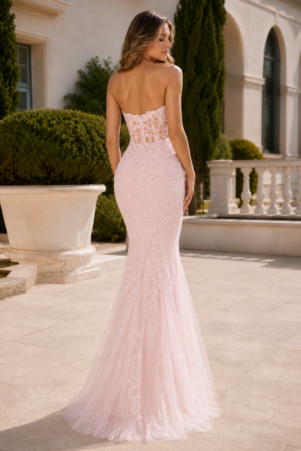 Estmira Mermaid Sweetheart Sweep Train Tulle Prom Dress in Blush Pink - back view