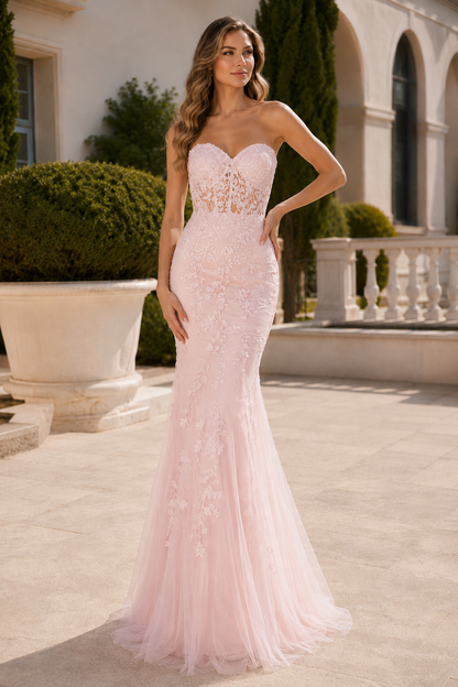 Estmira Mermaid Sweetheart Sweep Train Tulle Prom Dress in Blush Pink - front view
