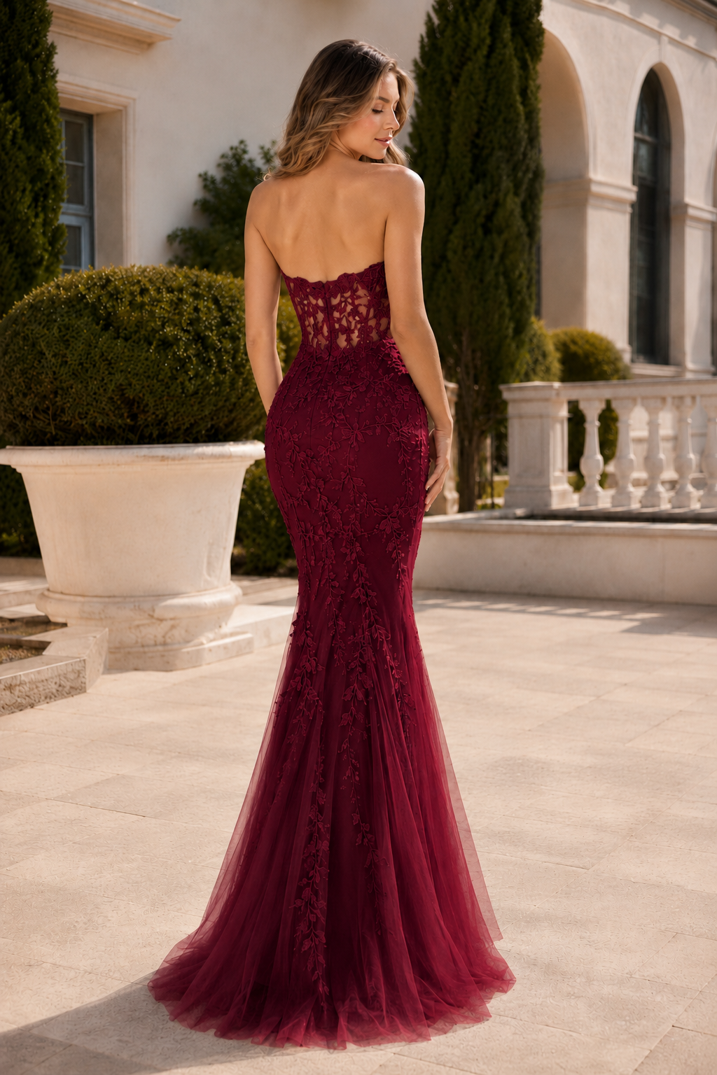 Estmira Mermaid Sweetheart Sweep Train Tulle Prom Dress in Burgundy - back view