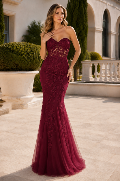 Estmira Mermaid Sweetheart Sweep Train Tulle Prom Dress in Burgundy - front view