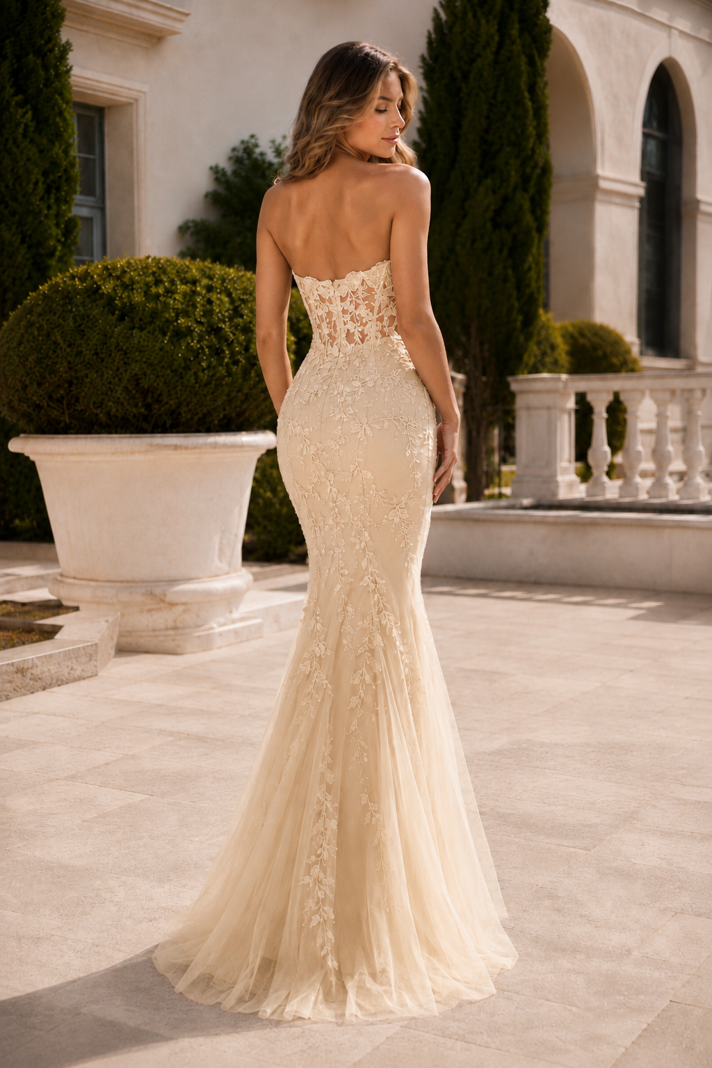 Estmira Mermaid Sweetheart Sweep Train Tulle Prom Dress in Champagne - back view