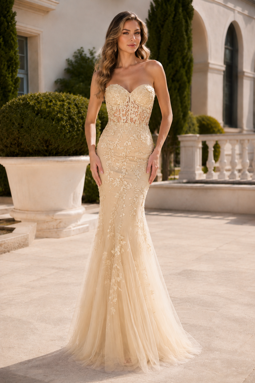 Estmira Mermaid Sweetheart Sweep Train Tulle Prom Dress in Champagne - front view