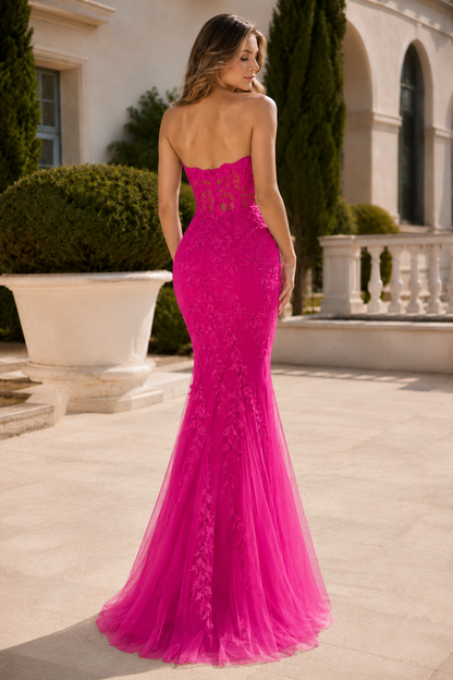 Estmira Mermaid Sweetheart Sweep Train Tulle Prom Dress in Fuchsia - back view