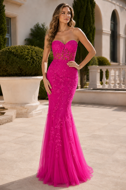Estmira Mermaid Sweetheart Sweep Train Tulle Prom Dress in Fuchsia - front view