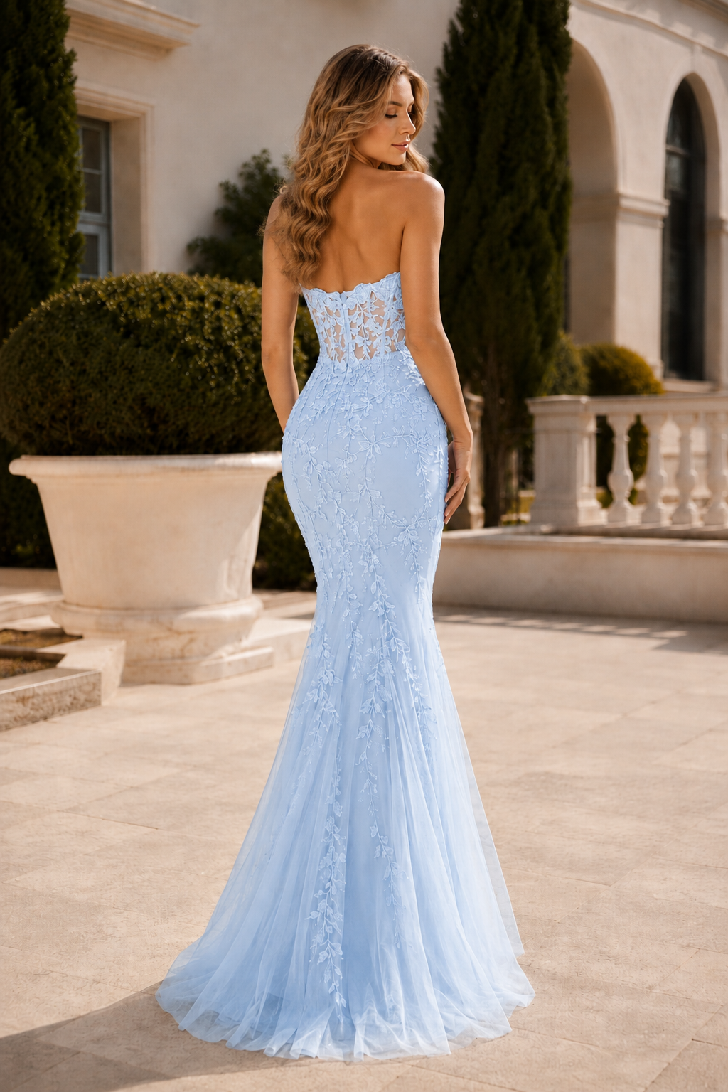 Estmira Mermaid Sweetheart Sweep Train Tulle Prom Dress in Light Blue - back view