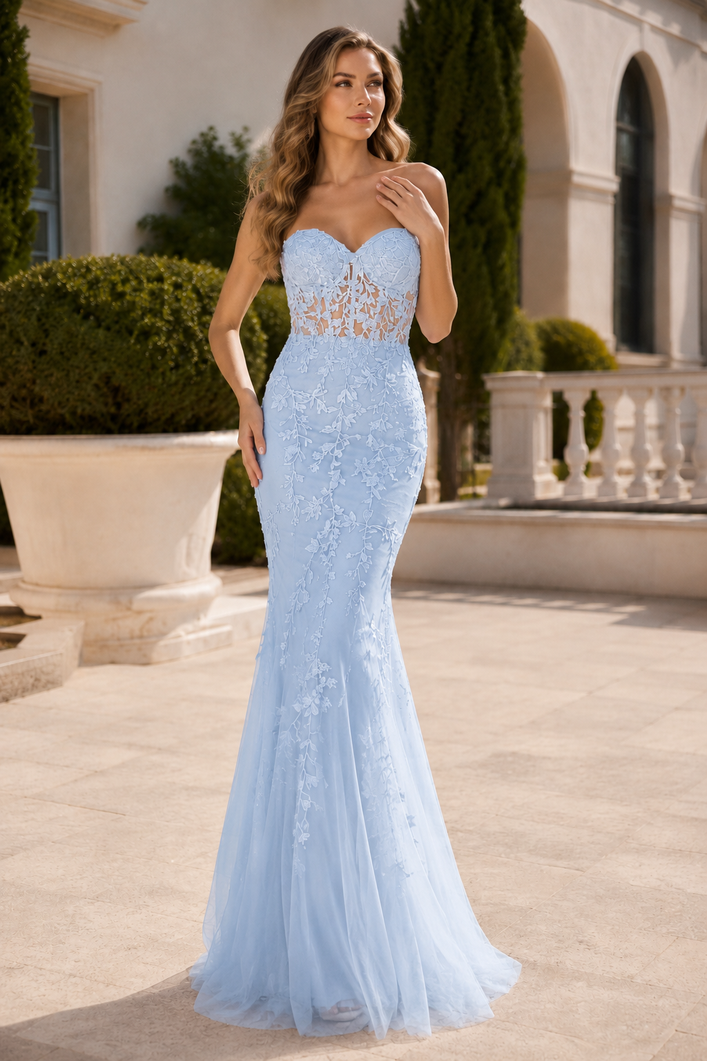 Estmira Mermaid Sweetheart Sweep Train Tulle Prom Dress in Light Blue - front view