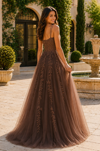 Elovina A Line Square Neckline Sleeveless Sweep Train Tulle Prom Dress- Style in Blush Pink - back view