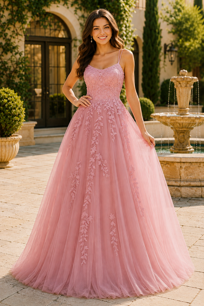 Elovina A Line Square Neckline Sleeveless Sweep Train Tulle Prom Dress- Style in Blush Pink - front view