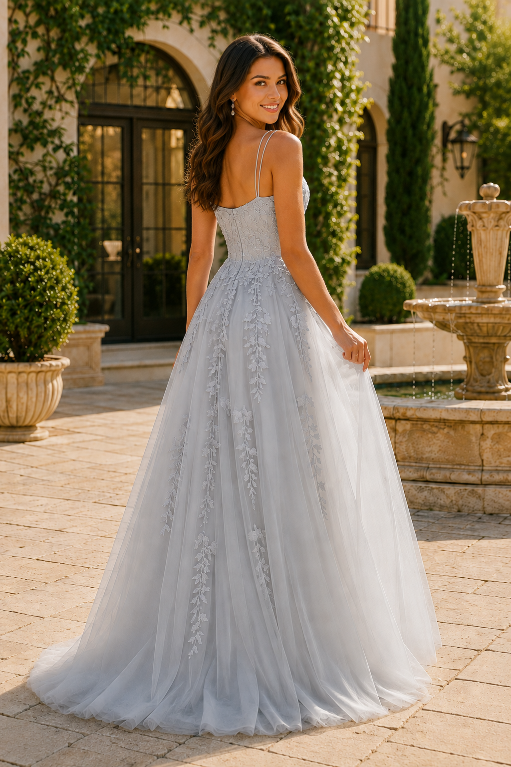 Elovina A Line Square Neckline Sleeveless Sweep Train Tulle Prom Dress- Style in Brown - back view