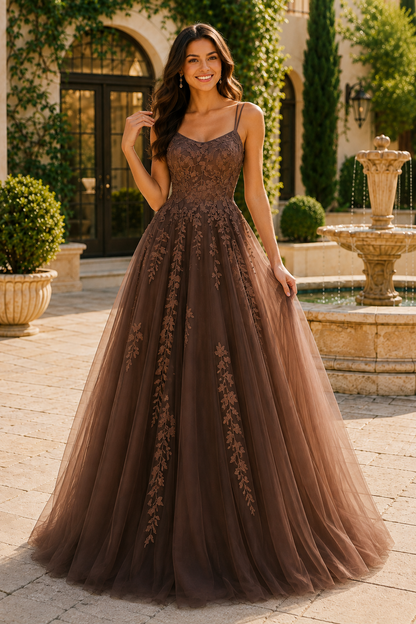 Elovina A Line Square Neckline Sleeveless Sweep Train Tulle Prom Dress- Style in Brown - front view