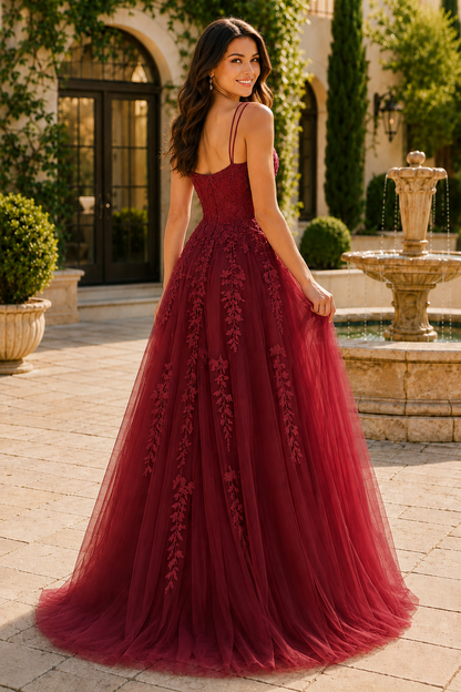 Elovina A Line Square Neckline Sleeveless Sweep Train Tulle Prom Dress- Style in Burgundy - back view