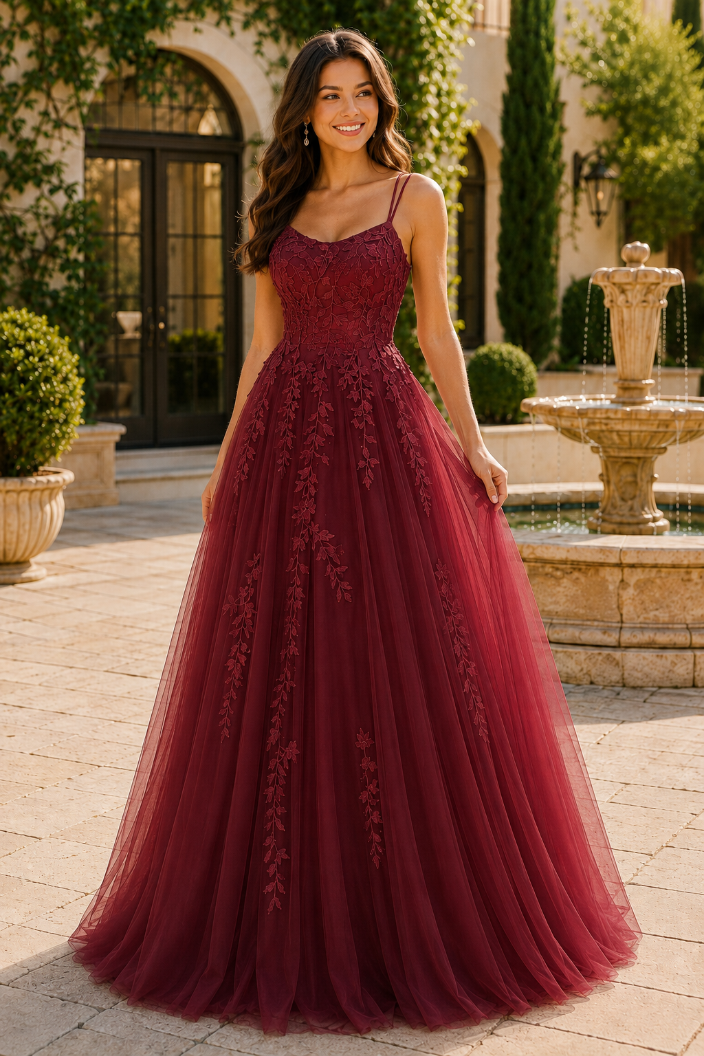 Elovina A Line Square Neckline Sleeveless Sweep Train Tulle Prom Dress- Style in Burgundy - front view