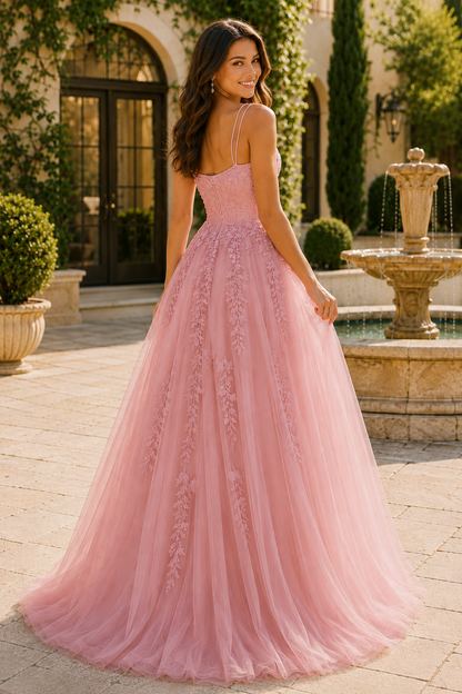 Elovina A Line Square Neckline Sleeveless Sweep Train Tulle Prom Dress- Style in Champagne - back view